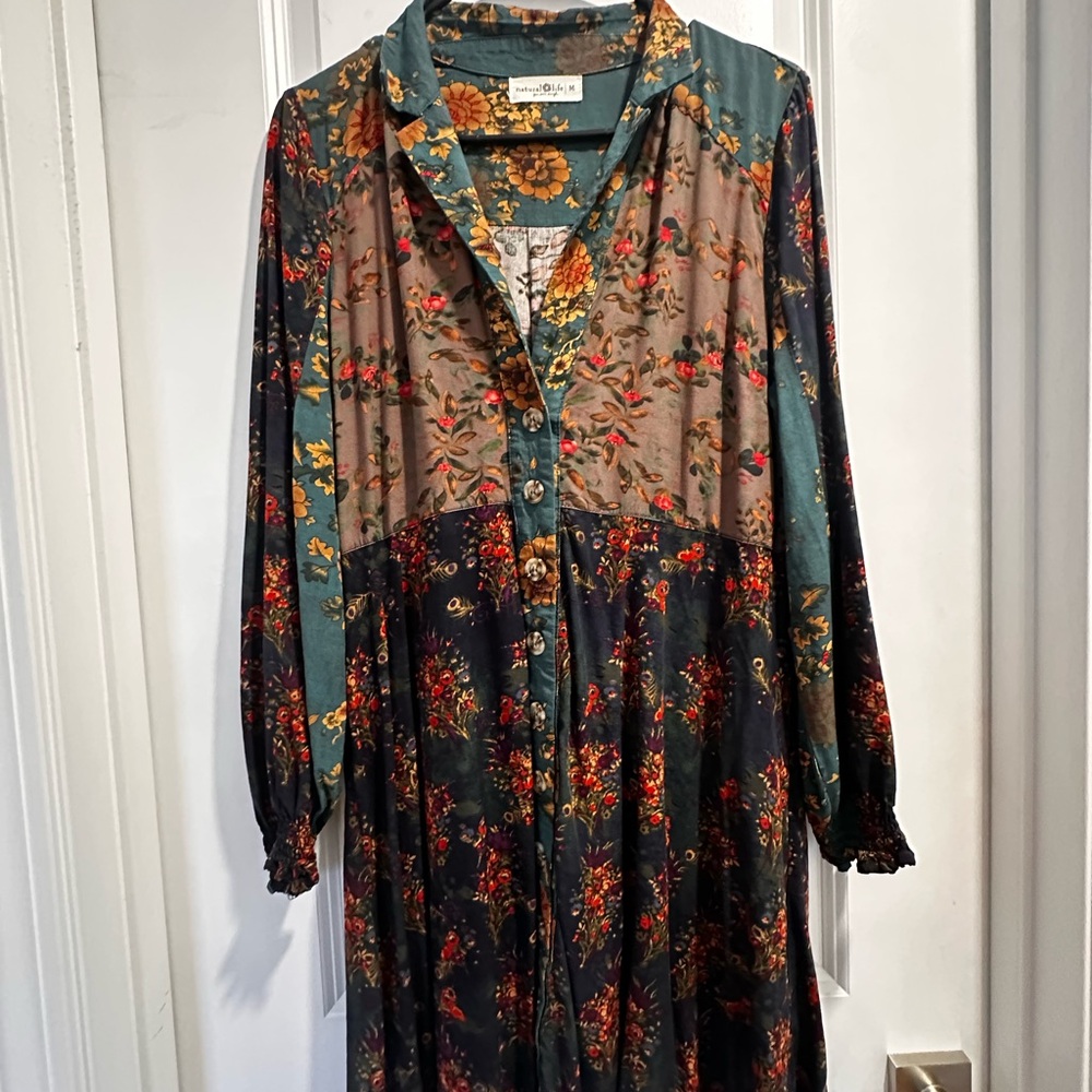 Natural Life Bohemian Floral Patchwork Shirt Dress - Teal, Navy & Taupe